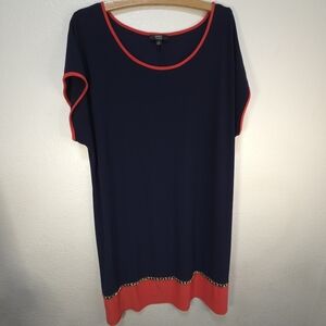 MSK Women 2X T-Shirt Midi Dress Navy BlueOrange Block Gold Chain Short Sleeve
